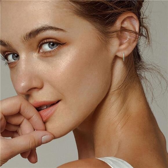 Gold Huggie Hoop Earrings Dainty Chunky Thick Hoop Diamond Cubic Zirconia - Picture 2 of 7